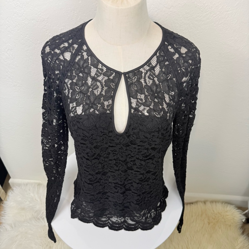 DVF Black Lace Gadie Top Side Zip Scalloped Hem Sz:10 Old Money Cottagecore Chic